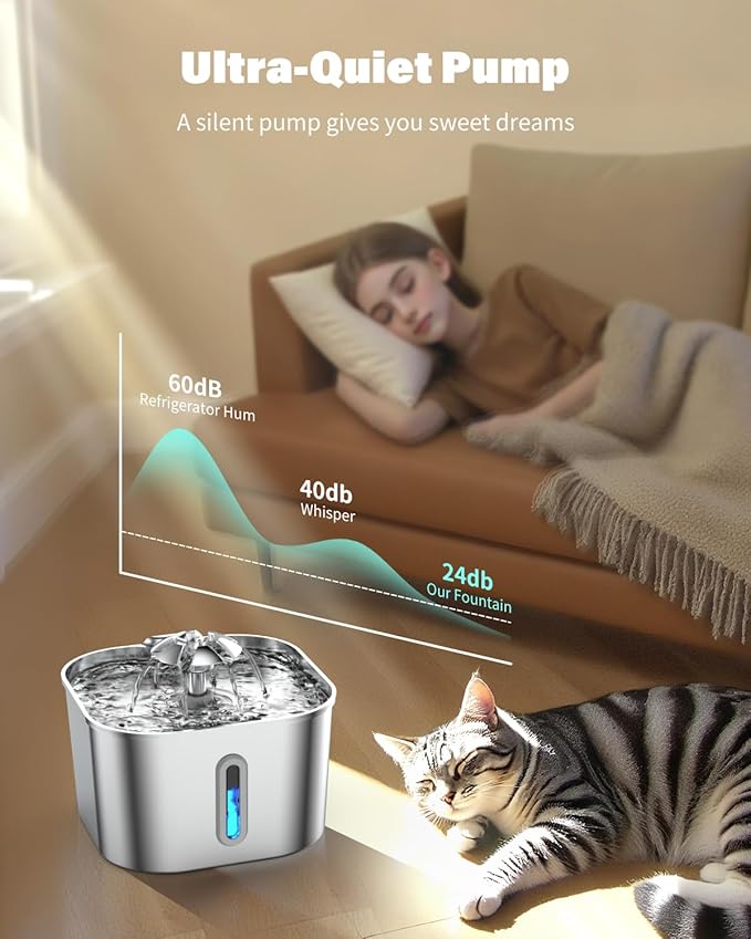Cat Water Fountain Stainless Steel, 74oz/2.2L Automatic Quiet Cat Drinking Fountain, Indoor Water Dispenser for Cats, Circulating Pet Water Fountain