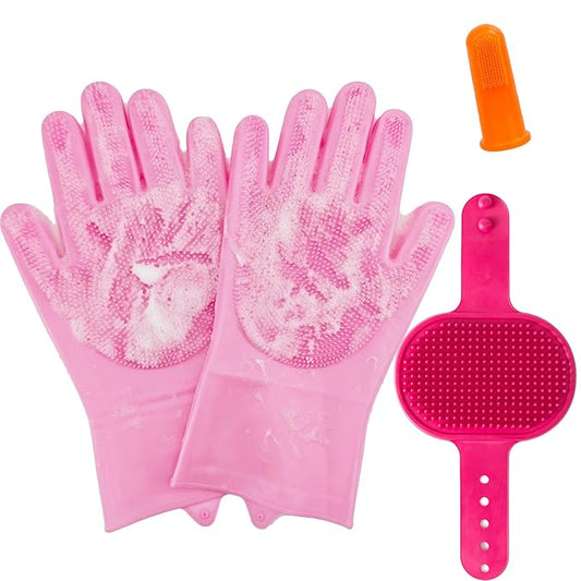 4-in-1 Pet Grooming Kit for Dogs & Cats | Dog Washing Gloves, Dog Bath Brush, Finger Toothbrush for Shedding, Teeth Cleaning & Bathing (4 Pack, Pink)
