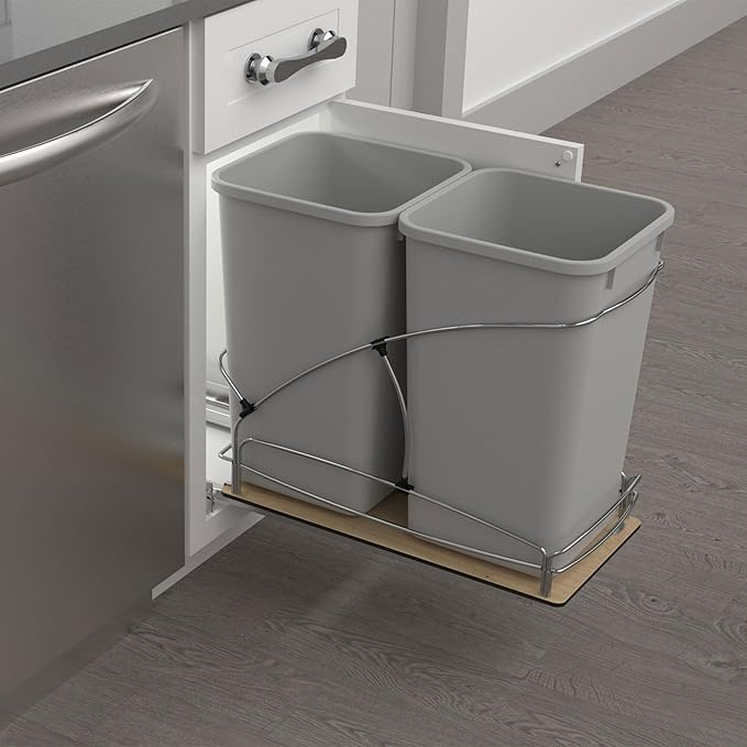 Rev-A-Shelf Steel Bottom Mount Double 27 Quart 6.75 Gallon Waste Bin Trash Container for Under Kitchen Cabinet with Soft Close, Gray, 54WC-1527SC-17-1