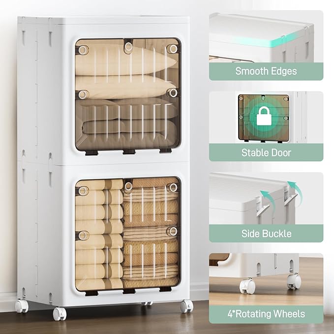 JEKO&JEKO 214 Qt Expanded Bathroom Storage Cabinet, 2-Tier Tall Cabinet Organizer with Wheels, Foldable Plastic Storage Bin for Kitchen, Laundry Room or Home, White