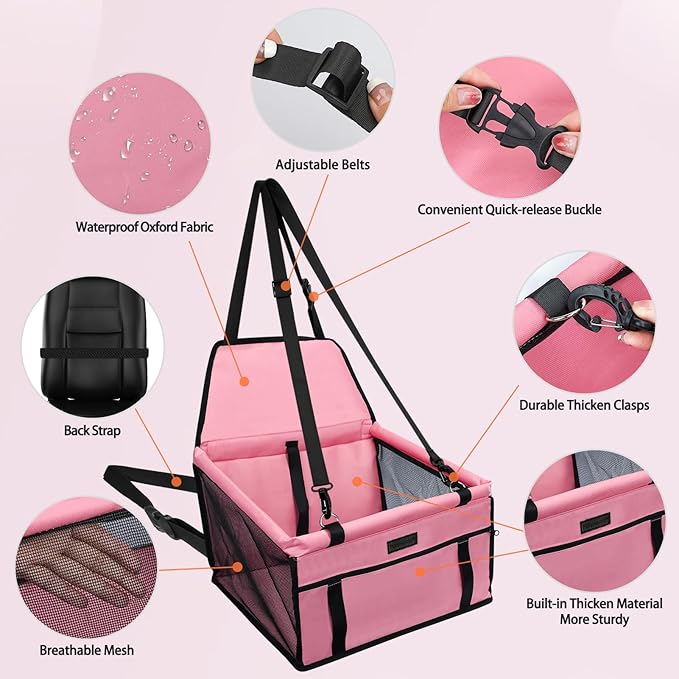 PetsHome Dog Car Seat Foldable Dog Car Booster Seat Waterproof Breathable Oxford Travel Bag for Small to Medium Dogs, Puppies, and Pets-Pure Pink