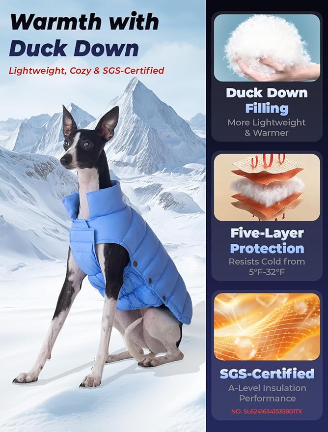SPACE LION Dog Puffer Jacket, Down Winter Coat, Durable Outdoor Coat for Cold and Windy Conditions, Lightweight & Adjustable Fit Coats for Medium Dogs, (Blue, Size14/L)