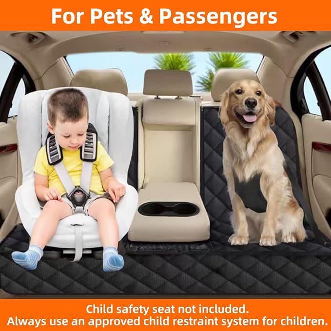 Dog Car Seat Cover for Back Seat, Waterproof Bench Backseat Protector, Nonslip Rear Seat Cover for Kids & Pets, Compatible with Middle Armrests, Fits Most Cars SUVs & Truck