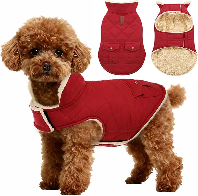 ASENKU Warm Dog Winter Coat, Waterproof Dog Coat for Cold Weather, Fleece Dogs Jacket with Ultra Thick Plush Lining Leash Hole Storage Pockets for Medium Large Dogs (Red, Large)