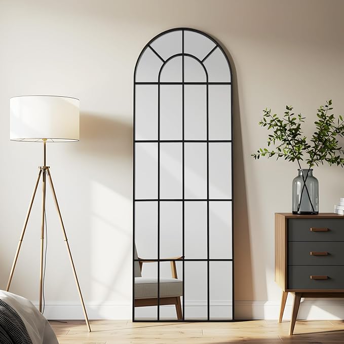 Arched Windowpane Mirror Full Length 65"x24" Wall Mounted Black Art Pane Farmhouse Decorative Floor Mirror Leaning Hanging Wall Mirror for Bedroom Living Room Entrance