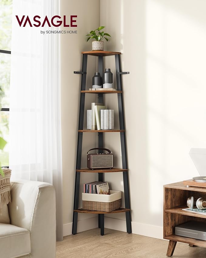 VASAGLE Corner Shelf Stand, 5-Tier Corner Bookshelf, Industrial Ladder Shelf, Plant Stand for Living Room, Office, Kitchen, Rustic Brown and Black ULLS35X