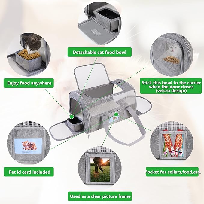 Pet carrier with detachable food bowl and various features highlighted on a light background