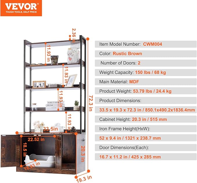 VEVOR Cat Litter Box Enclosure, Hidden Cat Box Furniture with 4 Storage Shelves, Large Cats House Cabinet Hidden Fit Most Litter Box, Wooden Cats Washroom Indoor, 33.5"L x 19.3"W x 72.3"H, Dark Brown