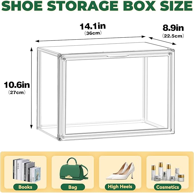 12 Pack X-Large Acrylic Purse Storage Display Case 14.1x8.9x10.6'',Size 15 Clear Shoe Box,Stackable Sneaker Case with Magnetic Lid, Multipurpose Closet Storage Bin for Handbag,Cosmetics,Collectibles
