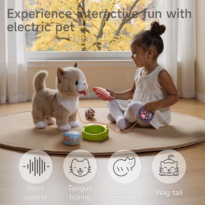 TUMAMA Walking Talking Cat Set Interactive Talking Cat, Interactive Electronic Cat Plush Toy with Leash, Wag Tail, Meows, Pretend Dress Up Realistic Stuffed Cat Age 3 4 5+ Years Old Best Gift