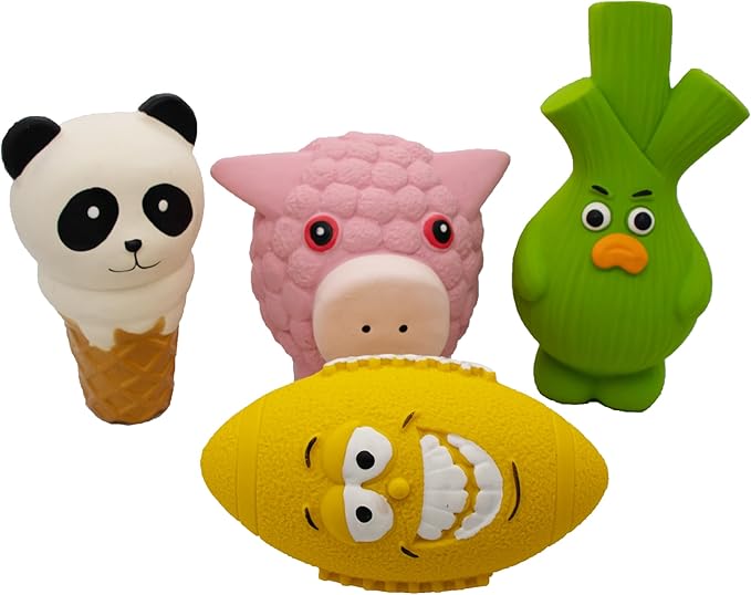 Natural Latex Dog Chew Toys 4&5 Piece Sets for Puppies&Dogs - Anxiety Relief&Teeth Cleaning Chew Toys, Waterproof for Indoor Outdoor Multiple Fun Themes (Set 6：Funny Food Favorites (4-Piece))