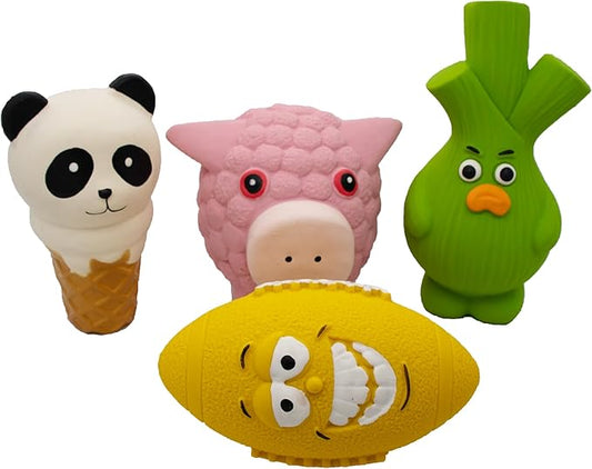 Natural Latex Dog Chew Toys 4&5 Piece Sets for Puppies&Dogs - Anxiety Relief&Teeth Cleaning Chew Toys, Waterproof for Indoor Outdoor Multiple Fun Themes (Set 6：Funny Food Favorites (4-Piece))