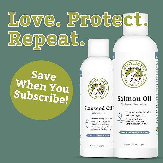 Wholistic Pet Organics Wild Alaskan Salmon Oil for Dogs and Cats - Omega 3 Fish Oil for Dogs & Cats - Cat & Dog Skin and Coat Supplement for Heart, Joints - DHA, EPA Omega 3 Liquid Food Topper - 4 oz