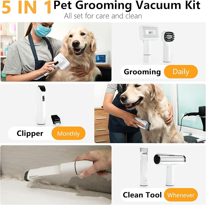 FOTING 5-in-1 Dog Grooming Vacuum, 12000Pa Dog Clippers & Shedding Brush Grooming Cleaning Tools Pet Grooming Vacuum, 2 Suction Levels Shedding Pet Hair Home Cleaning, White