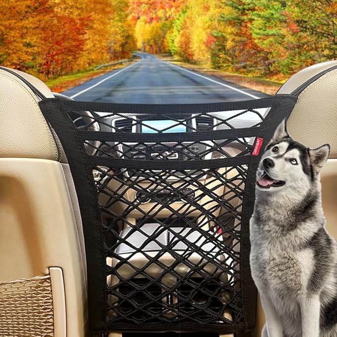 Luckybay Dog Car Barrier, 3-Layer Mesh Net Installed Between Front Seats to Keep Pets in The Back Seat, Universal Fit for Cars & SUVs, Easy to Install, Extra Storage Net Pocket
