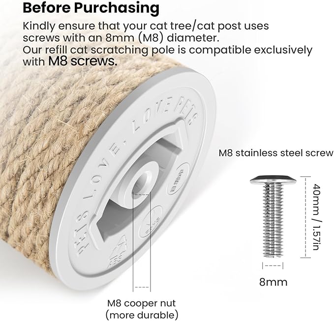 SVD.PET Cat Scratching Post Replacement, 17” x 2.95” Jute Rope Cat Tree/Tower Replacement Post, Refill Scratcher Posts with M8 Screws for DIY Cat Scratcher (2PCS)