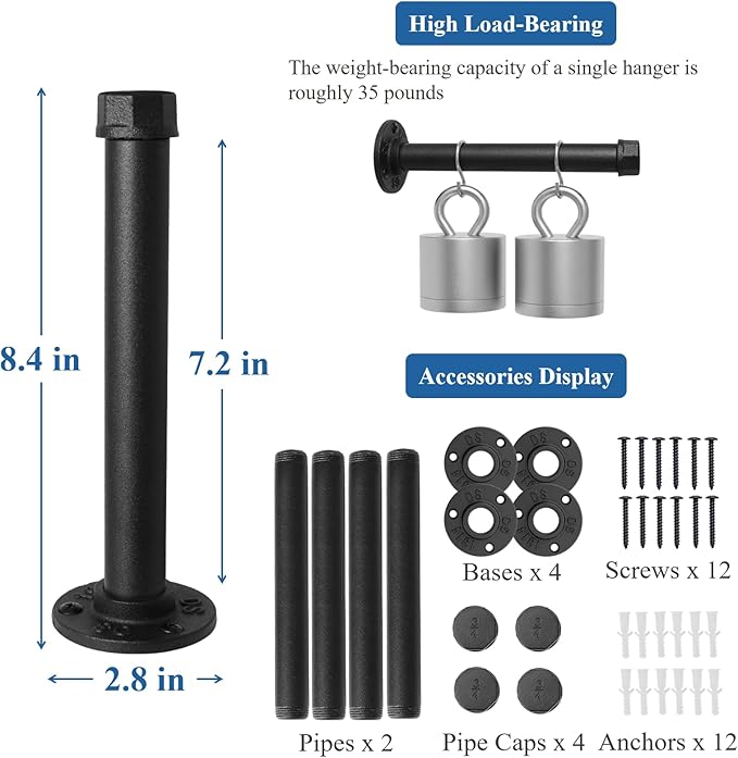 Wall Mounted Clothes Rack, Industrial Pipe Clothing Rack for Hanging Clothes, Heavy Duty Cast Iron Garment Racks for Wardrobe Organizers, DIY Closet Rods Closet Bar (Black 4 Pack, 8 Inch)