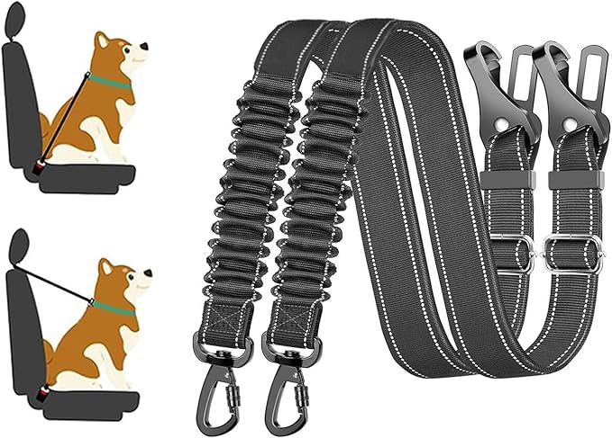2 Pack Black Dog Seat Belt, Adjustable Dog Car Safety Belt with Reflective Bungee, Rotatable Carabiner, Suitable for Medium to Large Dogs Up to 150 lbs