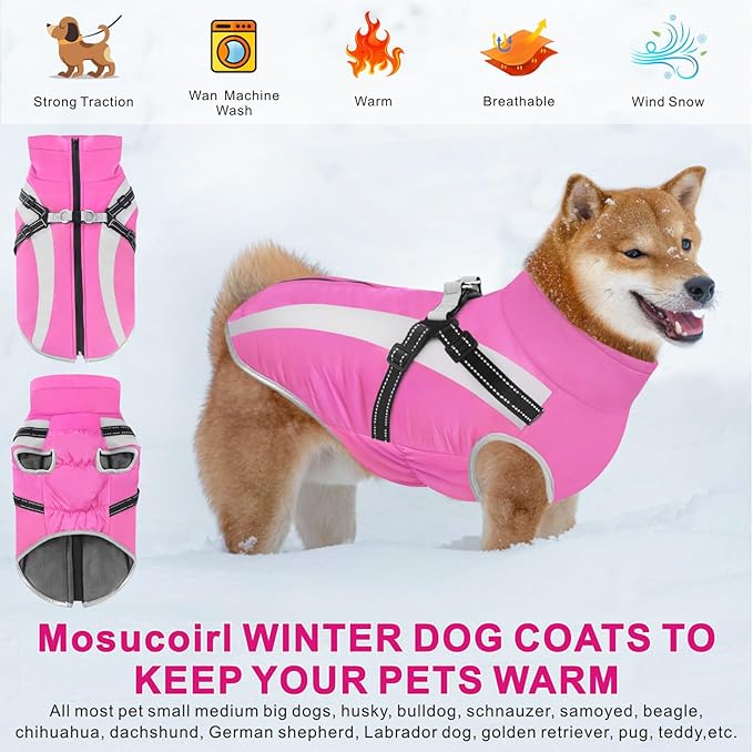Mosucoirl Warm Dog Coats Vest, Waterproof Dogs Jacket Reflective Fleece Pet Winter Cold Weather Coat Dogs Clothes Cozy Snow Jackets Outfits for Small Medium Large Dogs Puppy