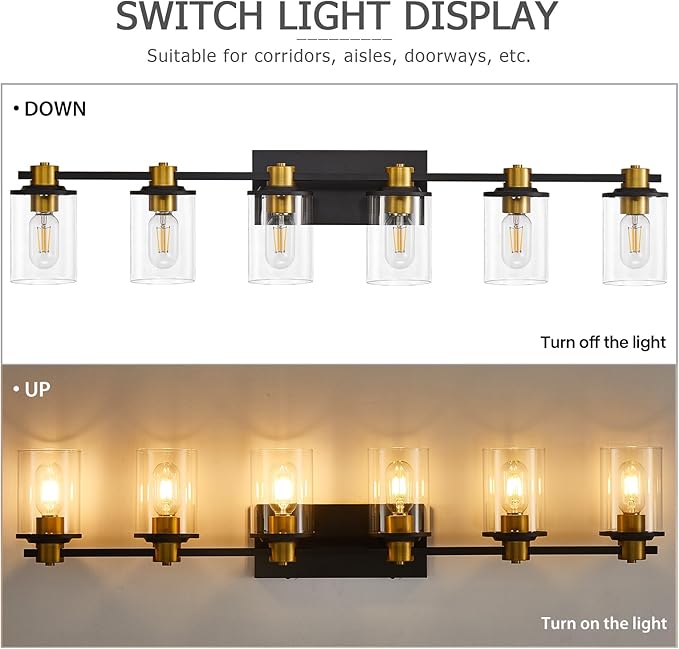 Bathroom Vanity Light, 6 Light Black and Gold Bathroom Light Fixtures, Sconces Wall Lighting with Clear Glass Shade, Modern Brushed Gold Vanity Lighting fixtures for Bathroom, Bedroom, Hallway