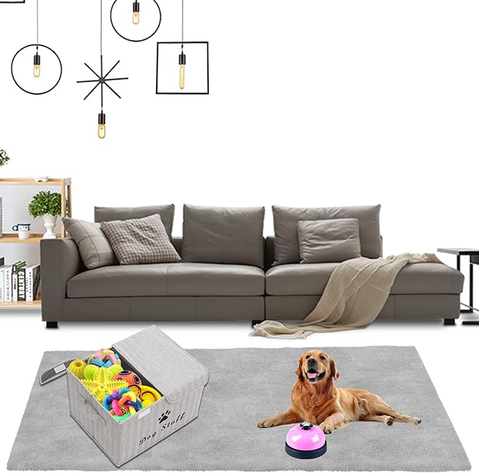 Geyecete Large Storage Boxes - Large Linen Fabric Foldable Storage Cubes Bin Box Containers with Lid and Handles for Dog Apparel & Accessories, Dog Toys, (Striped Gray)