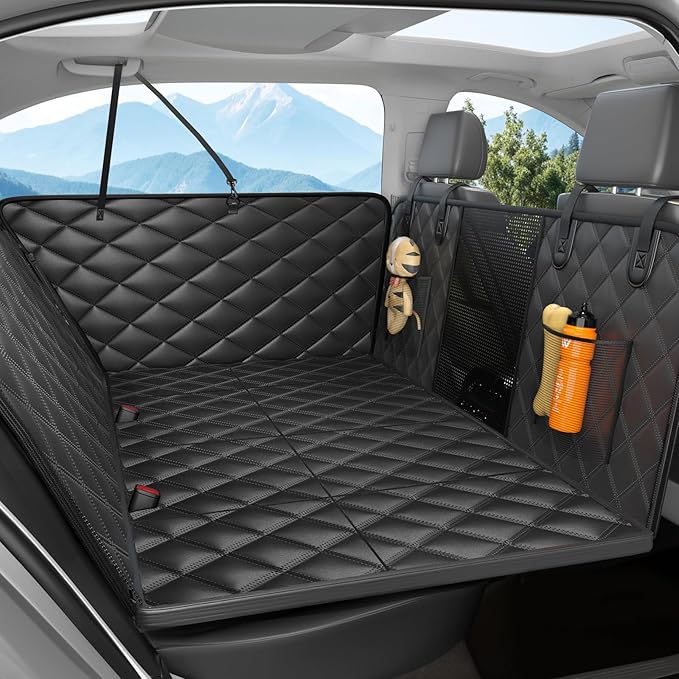 Dog Car Seat Cover for Back Seat, Hard Bottom Back Seat Extender for Dogs - Supports 400lbs,New Waterproof, Scratch Resistant, Anti Slip Portable Dog Hammock,Suitable for Cars, SUVs and Trucks（BLACK）