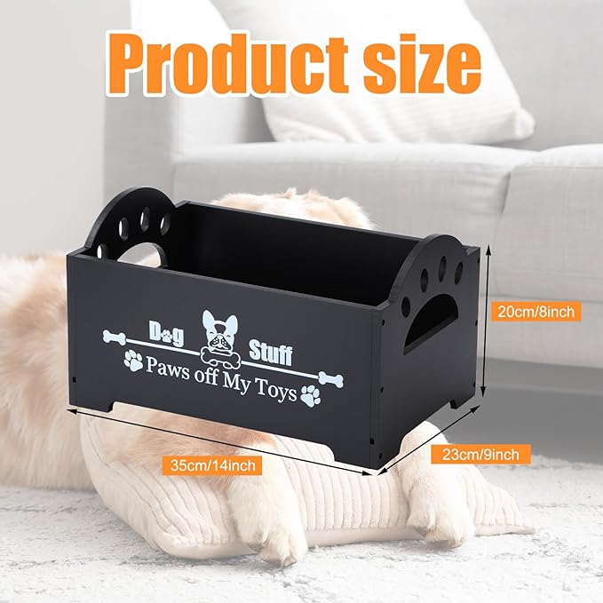 Marsui Wooden Dog Toy Bin Basket with Handle Large Dog Stuff Storage Box Cute Pet Stuff Organizer for Chew, Blankets, Leashes, Food Gift for Living Room Area(Black,13.78 Inch)