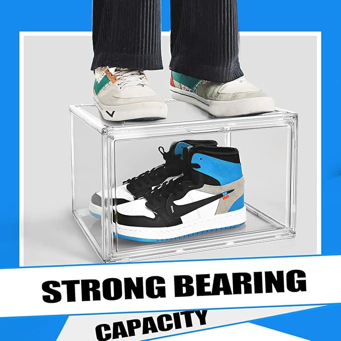 12 Pack Acrylic Shoe Storage Box with Magnetic Door. Size 13 Clear Stackable Shoe Organizer for Closet Space Saving Shoe Cabinet Sneaker Display Case in Closet, Hallway, Bedroom, Dormitory