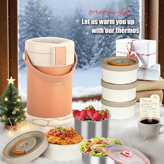 67oz Adults Thermo for Hot Food Kit 2L 9.06in 3 Layer Stainless Steel Vacuum Soup Food Thermo Hot Food Jar Bento Box for Men, Women, Suitable insulated Lunch Box for 12+ Camping, Office & Travel Use
