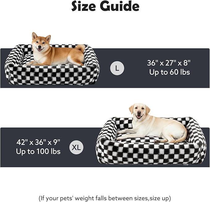 JOEJOY Small Dog Bed for Small Dogs, Removable Washable Cover Orthopedic Soft Faux Rabbit Fur Pet Bed, Anti-Slip Fluffy Plush Puppy Bed, 20"x19"x6", Checkered, Black