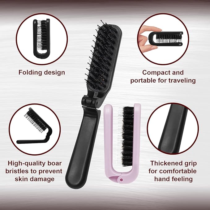 2 Pack Foldable Hair Brush Travel Hairbrush, Boar Bristle Hair Brush Portable Collapsible Pocket Comb for Women and Men, Suitable for Travel, Purse, Anti-Static Design (Black & Light Pink)