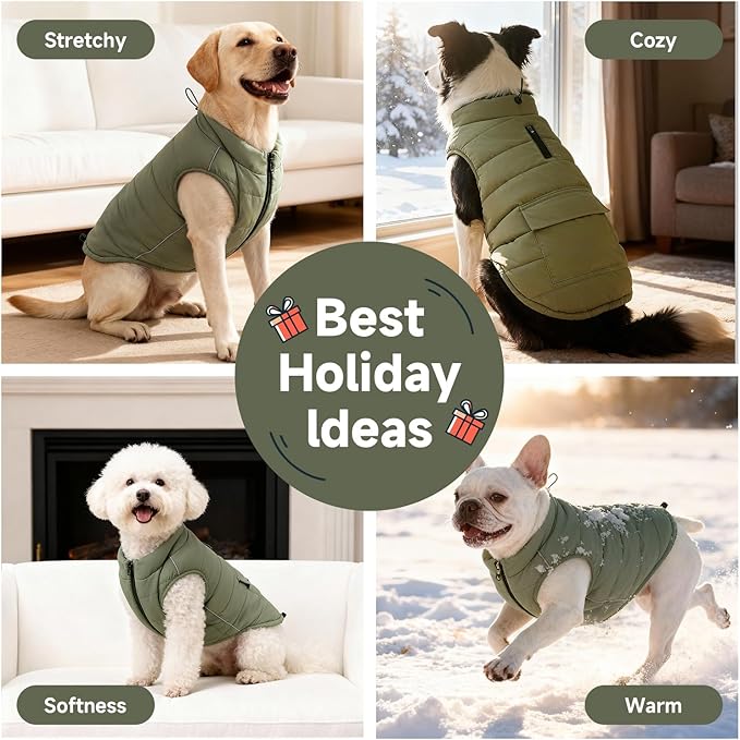 Dog Winter Coat - Waterproof Cold Weather Coat with Thick Padding, Windproof Dog's Snow Jacket with Neck & Tail Drawstrings, Reflective Puppy Jacket - Small Dog Coats, Olive Green S