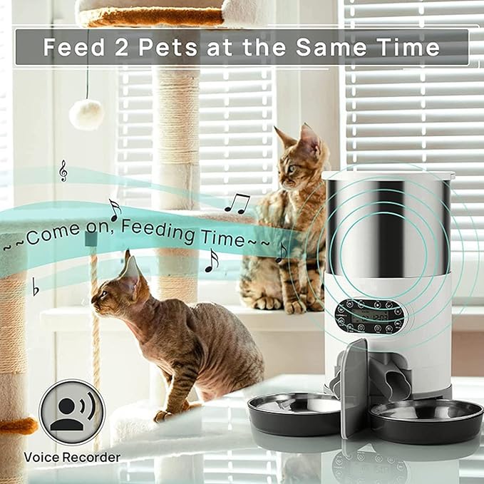 Automatic Cat Feeder for Double Pet,Pet Feeder Food Dispenser 3L/4.5L for Cat & Small Dog with Splitter & Double Bowls, Programmable 1-4 Meals Per Day & Dual Power Supply & Voice Recorder