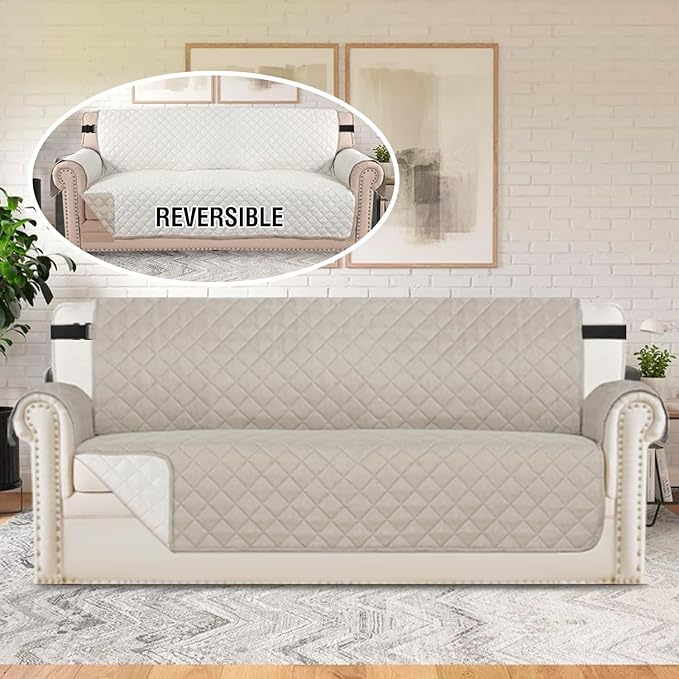 H.VERSAILTEX Reversible Sofa Cover Couch Cover for 3 Cushion Couch Water Resistant Sofa Cover for Living Room Quilted Furniture Washable Couchs Protector(Oversized Sofa, Pale Oak)