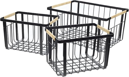 happimess BSK3003A-3SET Henley Vintage Farmhouse Wire Metal Nesting Storage Baskets with Jute Wrapped Handles for Shelves, Cabinets, Pantry, Countertop, Mesh Open Bin Basket, Black (Set of 3)