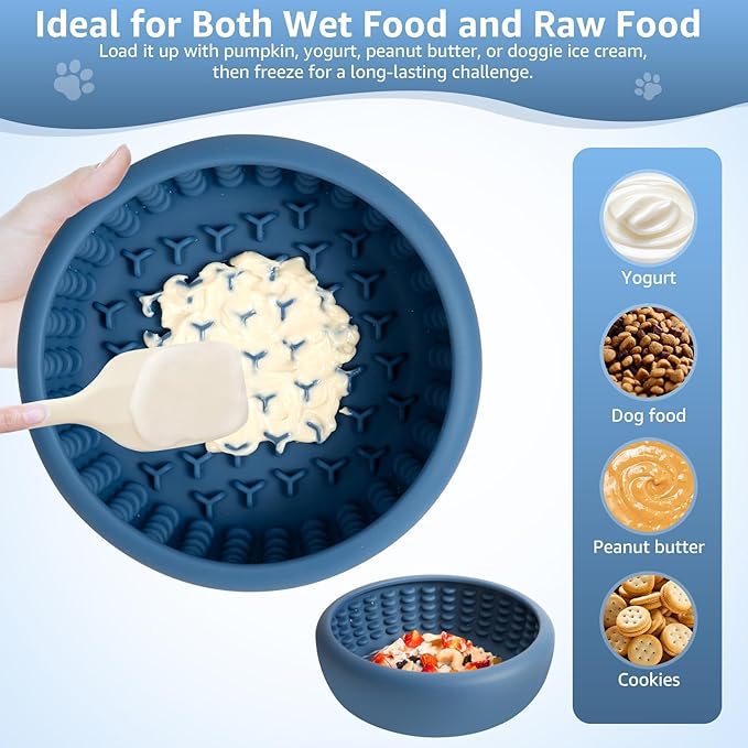 Dog Lick Bowl, ZOURYNUA Non-Slip Slow Feeder Dog Bowls, Enrichment Licking Mat for Distraction, Anxiety Relief Treat Dispenser Freezer, BPA Free Silicone & Dishwasher Safe (Dark Blue, Small)