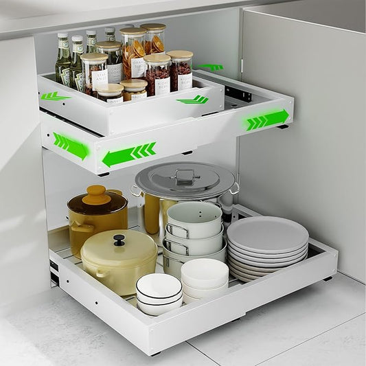 2 Pack Expandable Pull Out Cabinet Organizer, Width (12"-19" ) & Depth (16.5"-22")No Drill Adjustable Cabinet Pull Out Shelves for Kitchen,Pantry, Adhesive Roll Out Shelves for Kitchen Cabinets-White