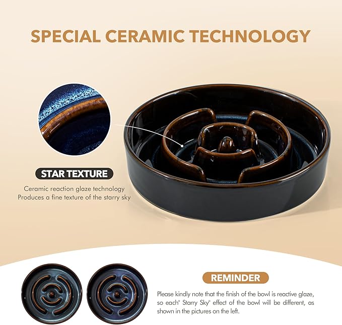 Ceramic 1.6 Cup Dog Bowl Slow Feeder for Large and Medium Dog, 8.2inch Pet Slow Dish, Stop Bloat, Preventing Choking(Single Bowl, Starry Sky)