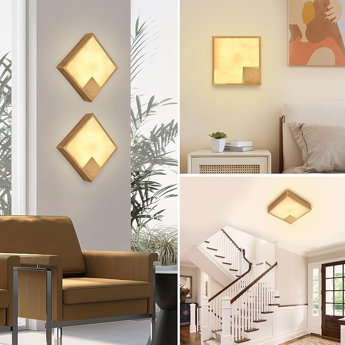 Natural Alabaster Wall Sconce Antique, Square Marble Wall Lighting Dimmable, LED Alabaster Wall Lamp Fixture for Hallway, Living Room, Stair, Bedroom, Bedside