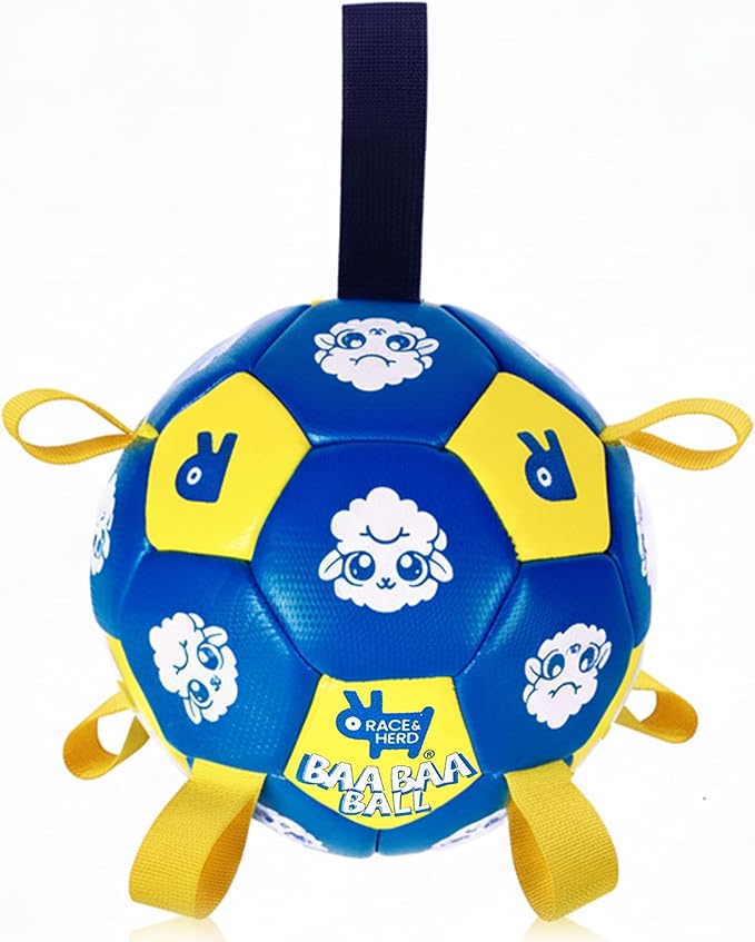 Race&Herd 7" Jolly Soccer Ball for Dogs - Tough Durable Dog Ball Toy with Straps, Pet Bouncy Herding Balls for Dogs, Floating Dog Balls with Tags for Water Fetch, BaaBaaBall (Blue)