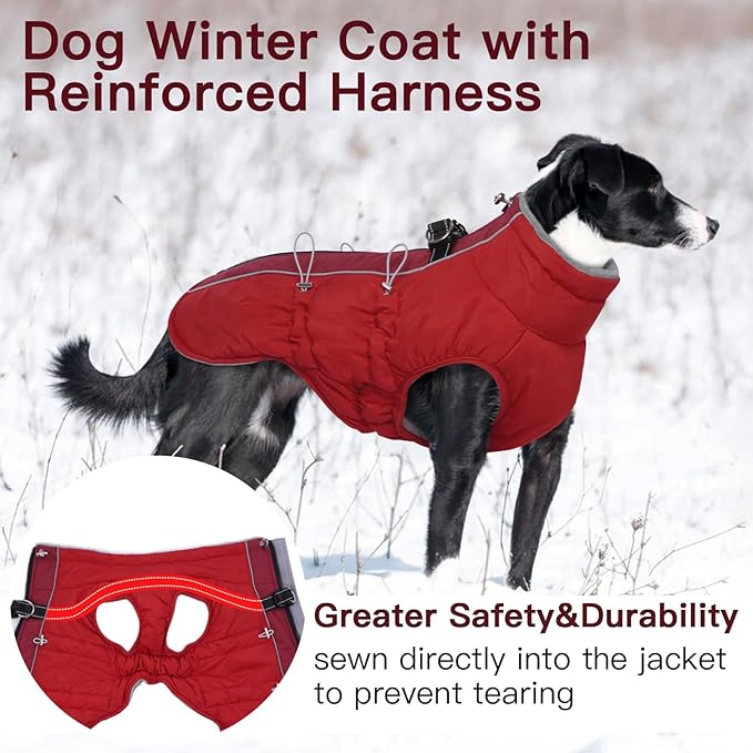 Medium Dog Coat - Warm Zip Up Snowsuit Dog Harness Vest, Reflective Water-Resistant Dog Jacket for Medium Dogs - Red