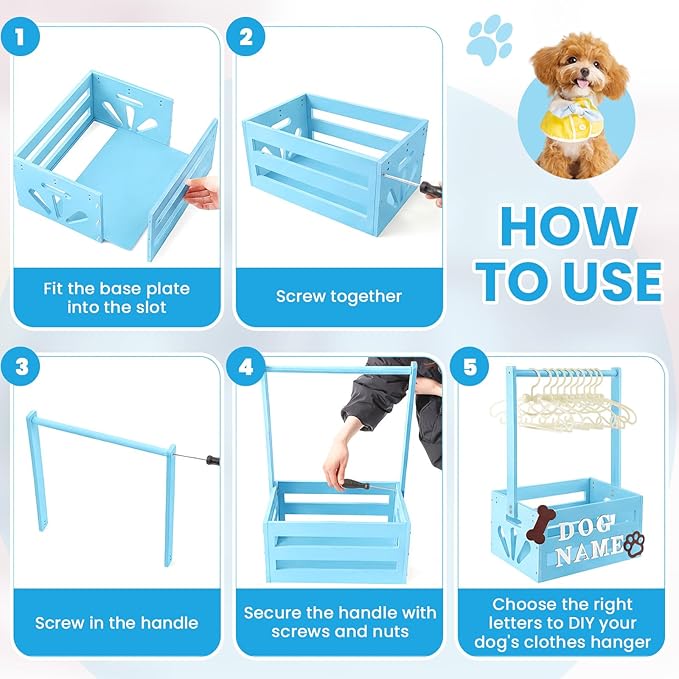 20" x 13" x 9" Wooden Dog Closet Pet Wardrobe Crate Box with Hanging Rods and Personalized Alphabet Letters Easy Assembly Baskets for Dog Cat Toys Clothes Accessories (Blue)