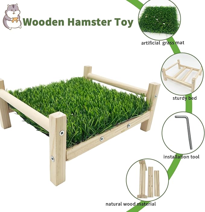 FlidRunest Wooden Rat Foraging Toys, Artificial Grass Foraging Mat for Rats, Safe Rats Enrichment Toys Activities, Boredom Relief Hanging Bed for Pet Rat