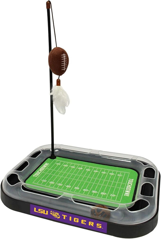 Pets First Football Field CAT Scratcher Toy with Catnip Filled Plush Football Toy & Feather Cat Toy Hanging, with Jingle Bell Interactive Ball Cat Chasing 5-in-1 Kitty Toy
