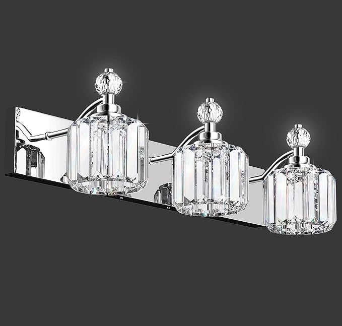 3-Light Bathroom Vanity Light - Crystal Bathroom Lighting Fixtures Over Mirror with 60w(Max) E12 Base, 42pcs Crystal Sheet, Chrome Vanity Lights for Bath Room