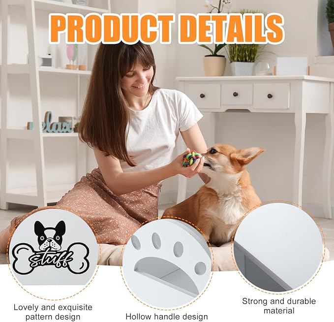 Marsui Wooden Dog Toy Bin Basket with Handle Large Dog Stuff Storage Box Cute Pet Stuff Organizer for Chew, Blankets, Leashes, Food Gift for Living Room Area(White,13.78 Inch)