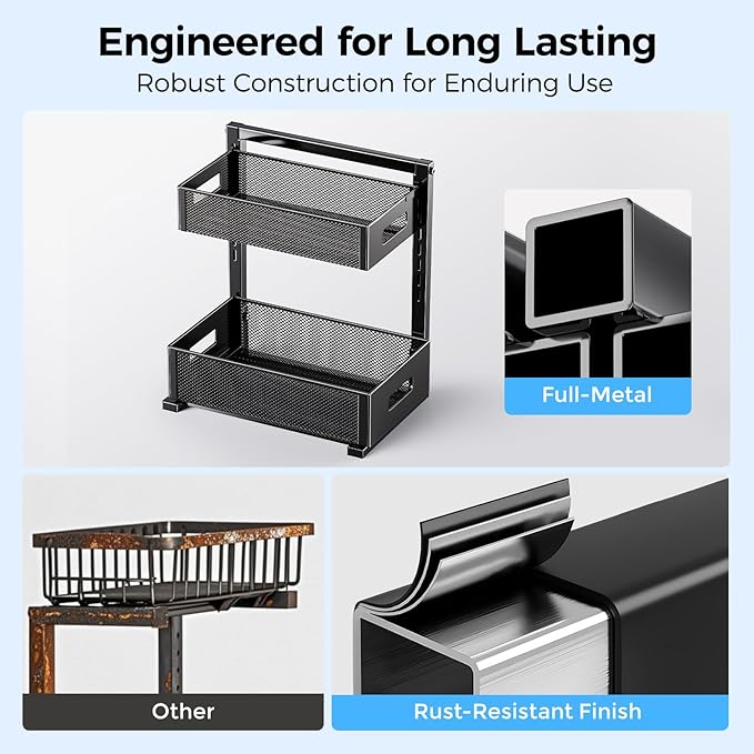 Under Sink Organizer 2 Tier, Adjustable Height Under Sink Organizers and Storage, Smooth & Silent Sliding Out Metal Drawer for Kitchen Bathroom Pantry Cabinet Closet
