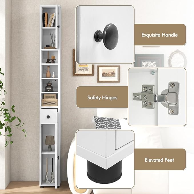 LDAILY 71”Tall Narrow Storage Cabinet, Skinny Bathroom Storage with 1 Drawer, 2 Doors, 5 Adjustable Shelves and Anti-Tipping Device, Wooden Slim Bathroom Cabinet for Office, Kitchen, Small Space