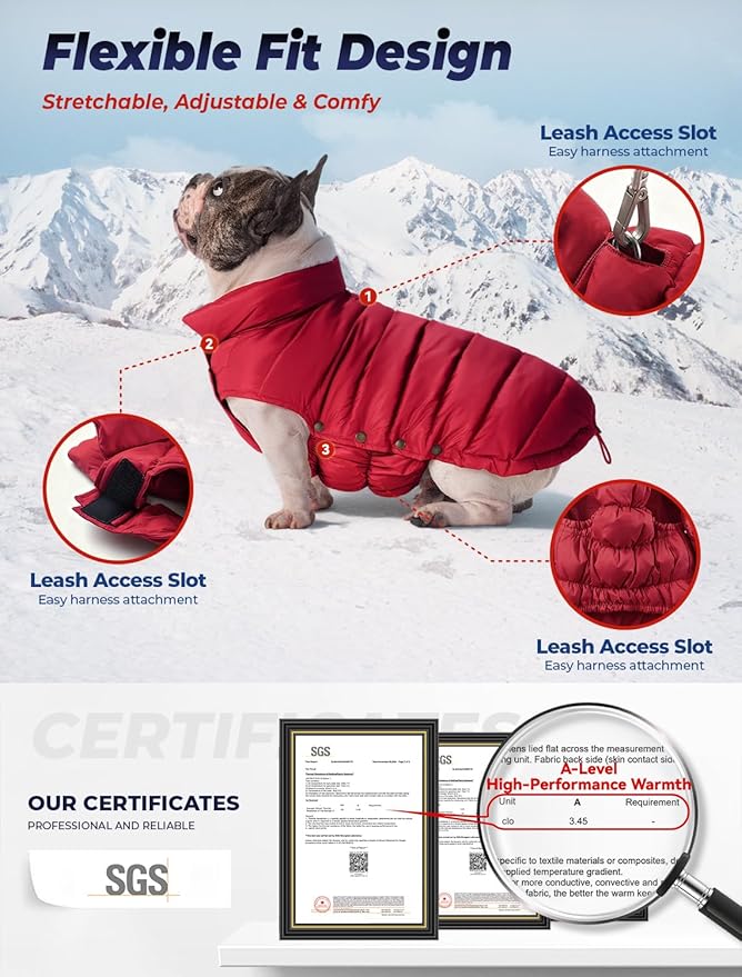 SPACE LION Dog Puffer Jacket, Down Winter Coat, Durable Outdoor Coat for Cold and Windy Conditions, Lightweight & Adjustable Fit Coats for Small & Medium Dogs, (Red, Size12/M)
