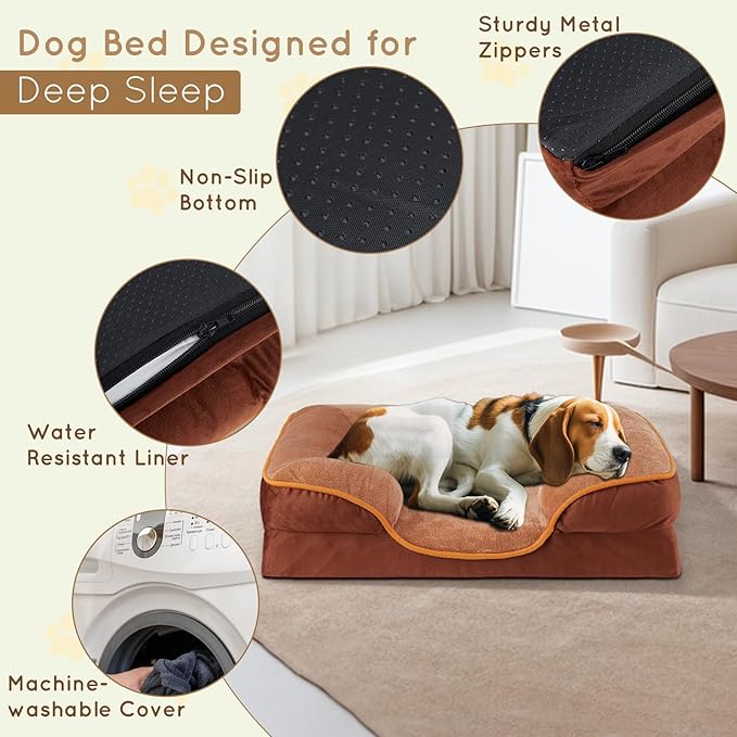 FluffyDream 42 inch Memory Egg-Crate Foam Dog Bed, Orthopedic Pet Couch Bed with Washable Removable Cover, Brown
